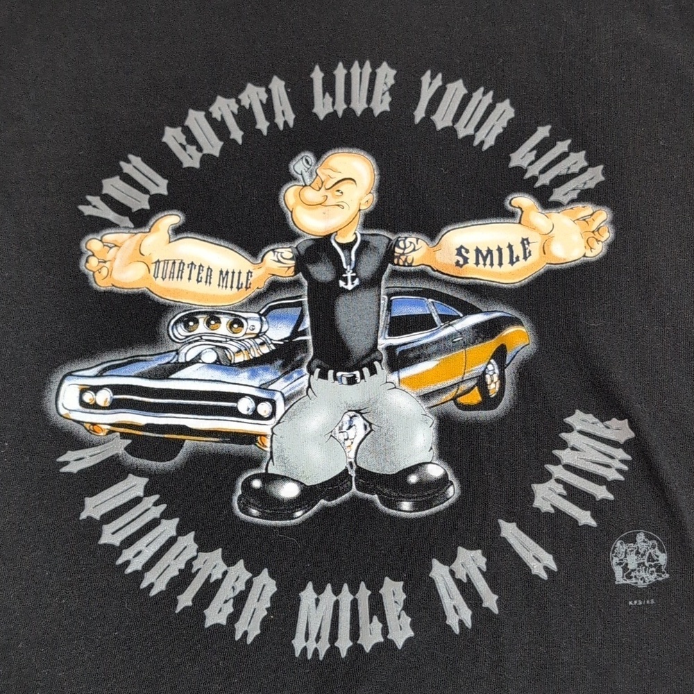 Vintage 90s Popeye The Sailor Man Black Short Sleeve Tee Shirt Race Car Muscle